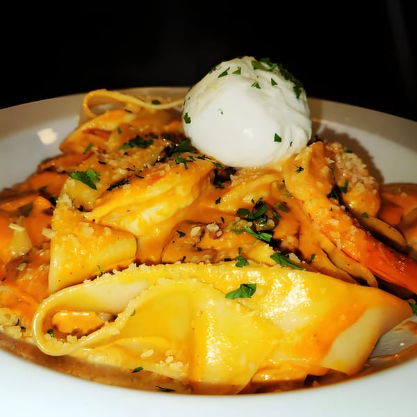 Leone's Italian pasta dish with seafood, creamy orange sauce, parsley, and a poached egg.