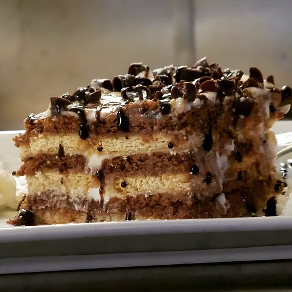 A slice of layered chocolate and vanilla cake with chocolate chips and drizzle on a white plate.