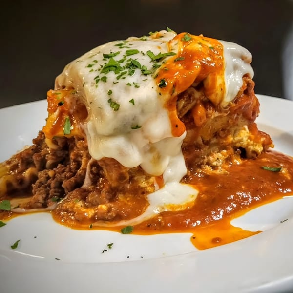 Leone's lasagna, a towering portion with rich red sauce, melted white cheese, and fresh parsley.