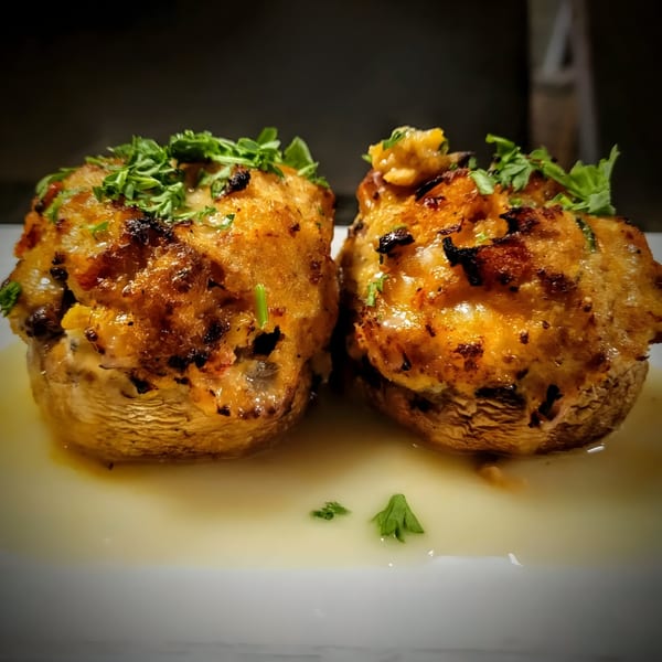 Two golden-brown stuffed mushrooms, topped with fresh parsley, sitting in a light sauce.